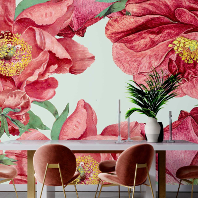 The wallpaper is a vibrant display of large pink and red peony flowers, creating a bold and lively atmosphere with its dynamic floral patterns.