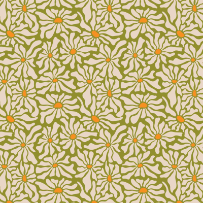 Amalfi Coast-inspired wallpaper featuring intricate floral patterns. Green-outlined flowers with orange centers on an off-white background create a seamless, textured design. Colors: green, orange, off-white. Elements: floral pattern, repetitive design.
