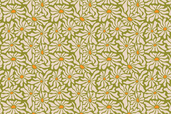 Amalfi Coast-inspired wallpaper featuring intricate floral patterns. Green-outlined flowers with orange centers on an off-white background create a seamless, textured design. Colors: green, orange, off-white. Elements: floral pattern, repetitive design.