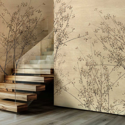 The wallpaper features a nature-inspired design with delicate tree branches and tiny blossoms. The colors include soft greens and gentle whites, creating a serene and elegant atmosphere reminiscent of the Amalfi Coast.
