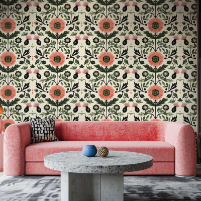 Vibrant floral patterned wallpaper with pink and orange flowers.