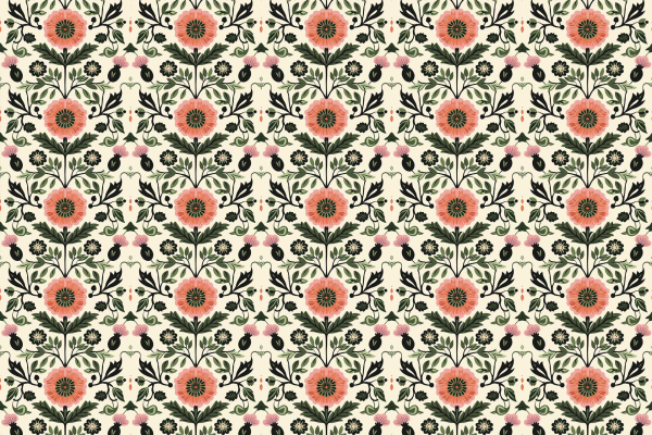Repeating floral pattern wallpaper with large coral-colored flowers and dark centers, surrounded by green leaves. Features smaller pink, purple, and white blossoms on a light cream background. Symmetrical, elegant design reminiscent of Skyfall's refined style.