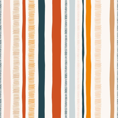 A vibrant and modern vertical striped wallpaper featuring alternating colors: orange, pink, teal, and various shades of beige. Stripes have differing widths with thin squiggle-like lines in some stripes, creating a textured look inspired by the Amalfi Coast's scenic beauty.
