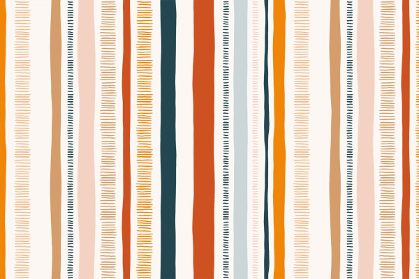 A vibrant and modern vertical striped wallpaper featuring alternating colors: orange, pink, teal, and various shades of beige. Stripes have differing widths with thin squiggle-like lines in some stripes, creating a textured look inspired by the Amalfi Coast's scenic beauty.