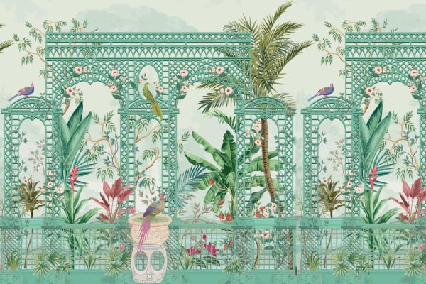 Wallpaper Elements: 
- Intricate green trellis background
- Tropical plants
- Blooming flowers in various colors
- Colorful birds (variety of hues)
- Palms and leafy vegetation
- Pink flowers on arches

Colors: 
Green, pink, multiple shades from tropical blooms, vibrantly colored birds (red, blue, yellow).