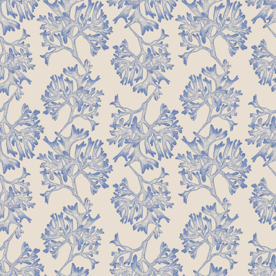 Seamless pattern with intricate blue and white floral designs on a pale beige background. Detailed petals and leaves, arranged in an evenly spaced, repeating layout. Aesthetically pleasing, vintage look reminiscent of a James Bond classic. Elements: stylized flowers, detailed petals, leaves. Colors: blue, white, pale beige background.