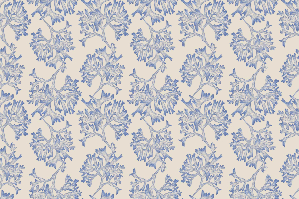 Seamless pattern with intricate blue and white floral designs on a pale beige background. Detailed petals and leaves, arranged in an evenly spaced, repeating layout. Aesthetically pleasing, vintage look reminiscent of a James Bond classic. Elements: stylized flowers, detailed petals, leaves. Colors: blue, white, pale beige background.