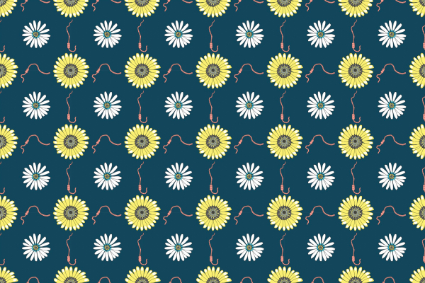 Yellow and white daisies, dark blue background, curved red lines, alternating flowers, vibrant floral arrangement.