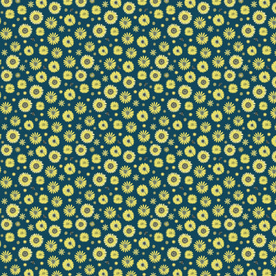 A vibrant Montebello wallpaper features numerous yellow flower shapes of varying sizes arranged closely together on a dark teal background, creating a cheerful, repeating floral design.