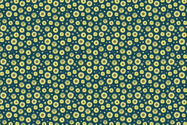 A vibrant Montebello wallpaper features numerous yellow flower shapes of varying sizes arranged closely together on a dark teal background, creating a cheerful, repeating floral design.