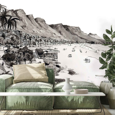 The wallpaper features a black-and-white mural of a scenic coastal town, including mountains and a beach. The monochrome design adds an artistic touch to the space. Key elements include coastal town buildings, mountain ranges, and serene beach scenes in shades of black, white, and gray.