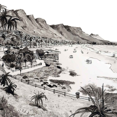 The monochromatic wallpaper features a coastal scene with a beach occupied by sunbathers and swimmers. Hills and cliffs rise in the background, with palm trees and bushes scattered along the coast. A boardwalk runs parallel to the shoreline. The color scheme is primarily shades of blue, creating a unified look that emphasizes tranquility and seaside vibes. Key elements include: hills, cliffs, palms, bushes, sunbathers, swimmers, beach, and boardwalk—all in various tones of blue.
