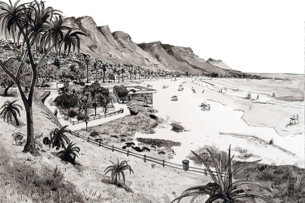 The monochromatic wallpaper features a coastal scene with a beach occupied by sunbathers and swimmers. Hills and cliffs rise in the background, with palm trees and bushes scattered along the coast. A boardwalk runs parallel to the shoreline. The color scheme is primarily shades of blue, creating a unified look that emphasizes tranquility and seaside vibes. Key elements include: hills, cliffs, palms, bushes, sunbathers, swimmers, beach, and boardwalk—all in various tones of blue.