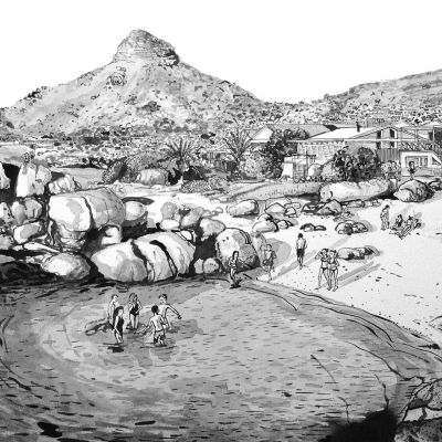 **Illustration Description**:
- **Coastal Scene** (Wallpaper Focus)
  - **Small Sandy Beach**
    - **Surrounded by Large Rocks**
      - Several People
        - Walking and Relaxing Near Water
  - **Background Elements**
    - Houses
    - Hills with Sparse Vegetation

This black and white illustration highlights a serene coastal scene found in wallpaper, emphasizing key elements such as the sandy beach, large surrounding rocks, leisurely people, houses in the background, and sparsely vegetated hills.