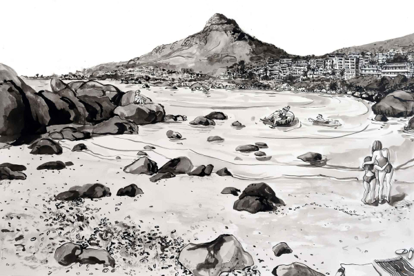 **Black and White Sketch of a Beach Wallpaper**
- **Foreground:**
- **Couple Embracing:** Visible, central figures.
- **Beach Elements:**
- **Scattered Rocks:** Various sizes along the shore.
- **People Enjoying Shoreline:** Seen in different activities.
- **Background:**
- **Mountain Near Coastal Town:** Large, towering presence.
- **Buildings Along Shore:** Details of town structures.
**Colors (if converted to grayscale):**
- Predominantly shades of black, white, and gray.
