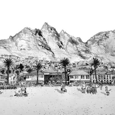 The wallpaper features a bustling beach scene depicted in black and white illustration. In the foreground, it showcases people enjoying themselves with umbrellas scattered around. Behind the beach, there are various buildings and palm trees adding depth to the scenery. In the background, a rugged mountain range rises prominently. The overall atmosphere is lively and highly detailed. Key elements include: people, umbrellas, buildings, palm trees, mountain range; all illustrated in black and white for a dynamic yet classic look.
