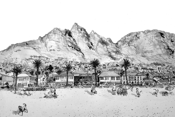 The wallpaper features a bustling beach scene depicted in black and white illustration. In the foreground, it showcases people enjoying themselves with umbrellas scattered around. Behind the beach, there are various buildings and palm trees adding depth to the scenery. In the background, a rugged mountain range rises prominently. The overall atmosphere is lively and highly detailed. Key elements include: people, umbrellas, buildings, palm trees, mountain range; all illustrated in black and white for a dynamic yet classic look.
