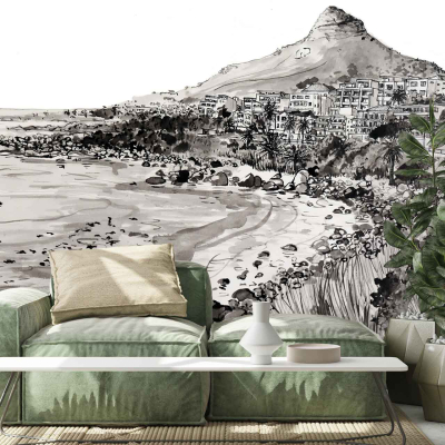 The wallpaper features a black and white mural depicting a coastal landscape. It includes elements like mountains, various buildings, and a beach scattered with rocks.