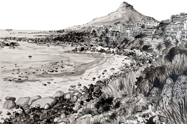 **Illustration Description:**

- **Elements:** Rocky shore, calm waves, sparse vegetation, cluster of buildings on hillside, prominent peak in background.
- **Color Scheme:** Black and white.

This black and white coastal landscape displays a serene rocky shore with gentle waves. Sparse vegetation adds texture without overwhelming the scenery. A quaint cluster of buildings extends up a hillside, leading the eye towards a dramatic peak that overlooks the entire vista. This simple yet striking wallpaper captures nature's beauty with minimalistic details.
