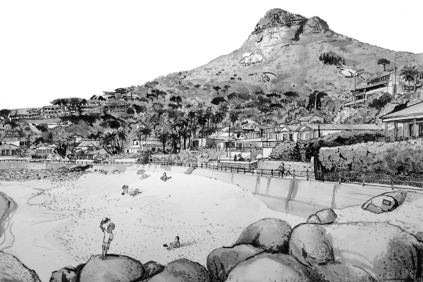 Creating a black-and-white drawing of a beach scene with the following elements:
- Mountain in the background
- Hillside with several houses and buildings
- Beach in the foreground
- A person waving from the shore
- Another person swimming
**Elements:**
1. Mountain
2. Hillside
3. Houses and Buildings
4. Beach
5. Person waving from shore
6. Person swimming
Keep this image simple using shades of black, white, and gray to define textures, shadows, and highlights for contrast purposes only no specific colors needed.