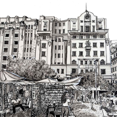 The wallpaper features a bustling outdoor market scene set against the backdrop of tall, historic buildings. Stalls are scattered throughout, each adorned with colorful tarps ranging from vivid reds and blues to earthy greens and yellows. Shoppers leisurely stroll around, their figures formed by subtle lines and soft hues to blend seamlessly into the scene. Trees are strategically placed throughout the design, their green canopies providing patches of soothing shadow amidst the activity below.

The architectural details of the buildings in the background add an intricate layer to the wallpaper, with decorative facades highlighted in warm tones like terracotta and beige. The overall palette combines muted pastels for an inviting yet lively atmosphere while darker shades accentuate depth and contrast. This wallpaper captures both movement and serenity through its thoughtful use of color and detail, making it a visually engaging backdrop perfect for any space looking to evoke a classic marketplace vibe.