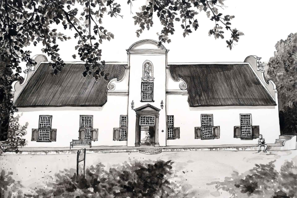 The black-and-white wallpaper illustration showcases an elegant, historic building among trees. The central entrance features ornate details with numerous windows lining the facade. Long, sloping thatched roofs add classic charm. A person sits on a bench to the right side of the building. Elements: historic building, trees, central entrance, ornate details, windows, thatched roofs, person on bench. Colors: black and white.