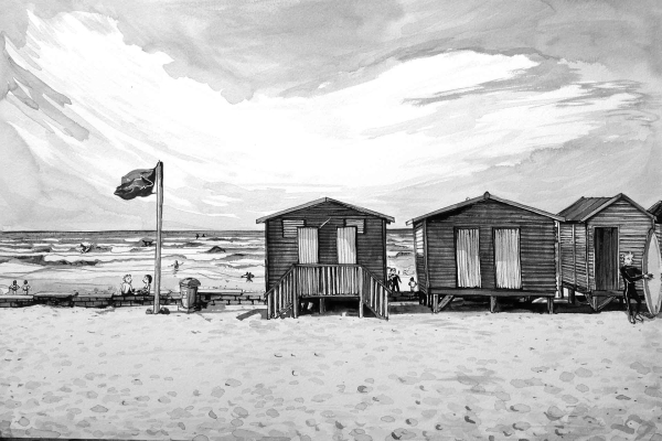 Sure! Here's a black and white illustration description of a beach scene as a wallpaper:

- **Foreground**: Three wooden beach huts
- **People**: Swimming and sunbathing by the sea
- **Background**: Waves crashing
- **Flag on pole** near huts
- **Sky**: Partly cloudy

Elements:
- Wooden beach huts  
- Swimming people 
- Sunbathing figures 
- Crashing waves 
- Flag on pole 
- Partly cloudy sky 

Since it’s black and white, focus is not on color but shades.
