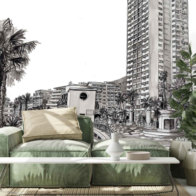 The living room features a striking wallpaper as its centerpiece. The mural, rendered in intricate black-and-white, captures a vibrant cityscape with tall buildings stretching skyward. Interspersed among the urban structures are silhouettes of elegant palm trees, giving the scene a touch of nature's grace. In the distant background, rugged mountains provide a contrasting yet harmonious element to the bustling city below. This meticulously detailed wallpaper acts as an artistic focal point, setting a sophisticated tone with its monochromatic elegance and diverse elements like architecture, flora, and majestic terrain.
