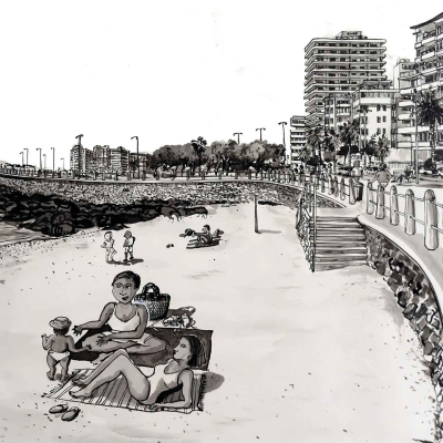 **Beach Scene Wallpaper Description:**

- **Foreground:** 
  - Two women sitting on a blanket
  - Child with the women

- **Background:** 
  - People walking along a promenade
  - Tall buildings and trees lining the shore

- **Left Side:** 
  - Ocean visible

**Grayscale Elements:**
- Shades of gray representing different features:
  - Light gray for the sandy beach
  - Medium gray for the people and blanket details
  - Darker grays for buildings, trees, and promenade details
- The ocean is depicted in various grays to represent waves and water texture. 

This artwork emphasizes grayscale tones to create a relaxing beach scene.