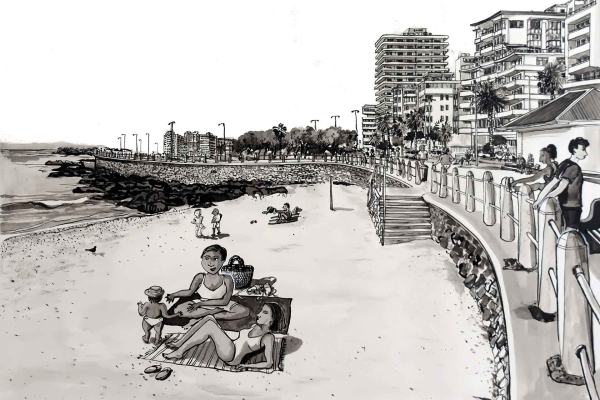 **Beach Scene Wallpaper Description:**

- **Foreground:** 
  - Two women sitting on a blanket
  - Child with the women

- **Background:** 
  - People walking along a promenade
  - Tall buildings and trees lining the shore

- **Left Side:** 
  - Ocean visible

**Grayscale Elements:**
- Shades of gray representing different features:
  - Light gray for the sandy beach
  - Medium gray for the people and blanket details
  - Darker grays for buildings, trees, and promenade details
- The ocean is depicted in various grays to represent waves and water texture. 

This artwork emphasizes grayscale tones to create a relaxing beach scene.