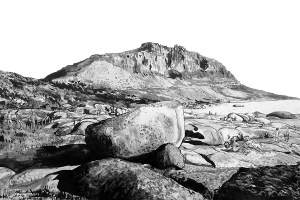 A black-and-white illustration wallpaper shows a rocky shoreline with large boulders in the foreground. In the background, a rugged mountainous landscape looms prominently. Small figures among the rocks provide scale. Elements include rocky shoreline, large boulders, mountainous landscape, and small figures for scale. Predominantly black and white tones.