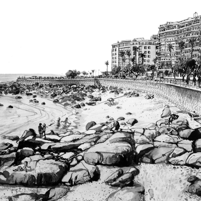 **Seaside Scene Wallpaper Description:**

- **Elements:** Rocky shorelines, sandy beaches, distant waves, promenade, high-rise buildings, palm trees.
- **Foreground Details:** Beachgoers, rocks.
- **Ocean Positioning:** Left.

**Color Scheme:**

- Black and white palette.

This concise description should help identify the seaside scene wallpaper using specific keywords for searching.