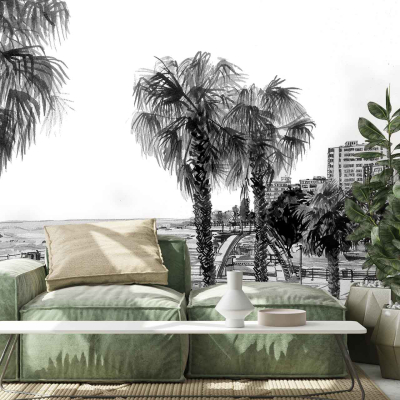 The wallpaper features a black-and-white mural depicting a coastal scene. Elements include palm trees and buildings, all rendered in grayscale shades.