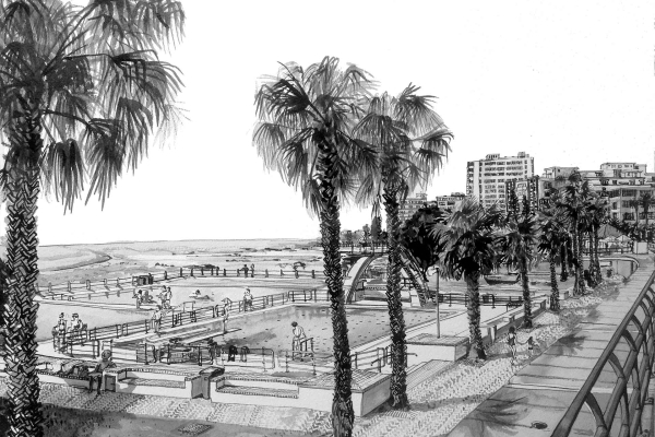 **Black and White Illustration: Coastal Promenade Scene**

Wallpaper Elements:
- Promenade lined with palm trees
- People strolling, sitting, relaxing
- Fenced area and a pool
- Buildings in the background
- Calm beachfront

Highlighted Features for Search Function:
- Palm trees silhouette 
- Relaxing people near pool
- Serene coastal promenade 
- Background buildings outline 
- Leisurely beachfront scene