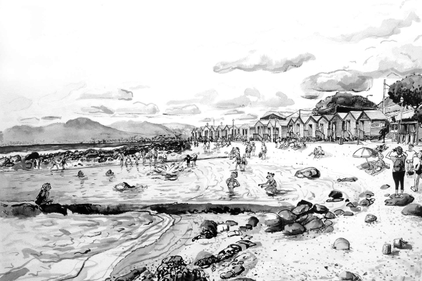 **Black-and-White Beach Scene Wallpaper**

**Elements:**
- People swimming
- Sunbathing
- Walking 
- Beach huts along the shore
- Calm sea with waves lapping sand
- Scattered clouds in the sky
- Trees in the background

**Primary Colors:**
None (Black-and-white illustration)

This wallpaper captures a dynamic beach scene filled with activity and natural beauty, all rendered in striking monochrome detail.