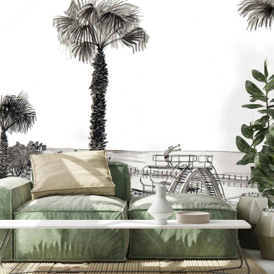 The wallpaper features a detailed black-and-white mural of a coastal scene, including palm trees and beach structures.