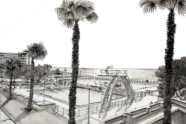 Grayscale illustration; beachside scene wallpaper: public swimming pool, large arched diving platform, palm trees, fence, boardwalk, ocean background.