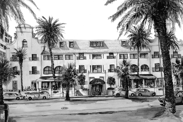 Illustration: Black and white grand hotel building, arched windows, palm trees in front. Cars on the street near entrance with awning. Balconies and a cafe visible, people seated outside.

Wallpaper elements: Palm trees, arched windows, cars, awning entrance, balconies, cafe seating.
