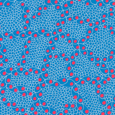 Intricate geometric pattern, red and blue shapes, light blue background, repeating design, red dots, connected by blue lines, flower-like shapes, visually complex mosaic, symmetrical.
