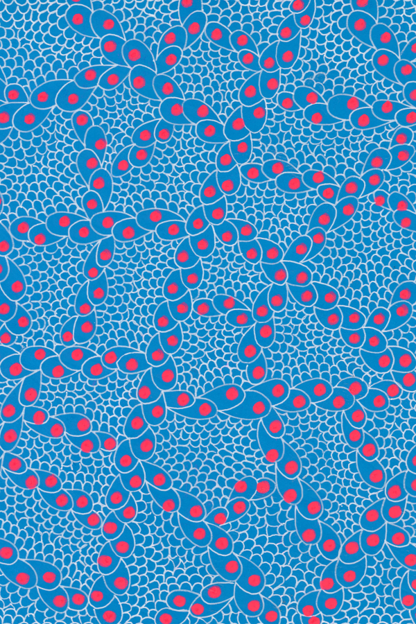 Intricate geometric pattern, red and blue shapes, light blue background, repeating design, red dots, connected by blue lines, flower-like shapes, visually complex mosaic, symmetrical.