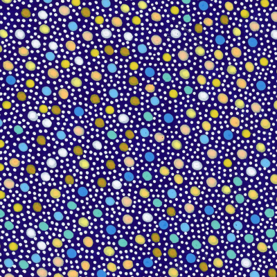 A dense pattern of multicolored dots of varying sizes scattered on a dark blue background. The dots are brightly colored in shades of white, yellow, orange, green, and blue, creating a vibrant and dynamic visual effect.