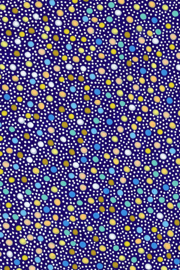 A dense pattern of multicolored dots of varying sizes scattered on a dark blue background. The dots are brightly colored in shades of white, yellow, orange, green, and blue, creating a vibrant and dynamic visual effect.