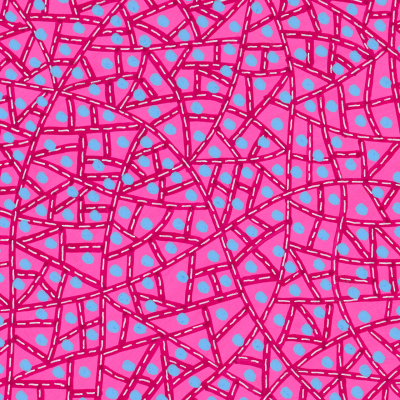 Abstract pattern wallpaper with intersecting magenta lines forming irregular shapes, filled with pink and light blue dots scattered throughout. The intricate design creates a dynamic mosaic effect on a vibrant pink background. Colors include magenta, pink, light blue, and vibrant pink.