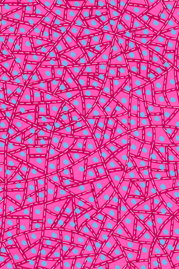 Abstract pattern wallpaper with intersecting magenta lines forming irregular shapes, filled with pink and light blue dots scattered throughout. The intricate design creates a dynamic mosaic effect on a vibrant pink background. Colors include magenta, pink, light blue, and vibrant pink.