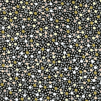Dense pattern, various-sized circles, white, yellow, beige, scattered, black background, overlapping circles, visually textured effect.