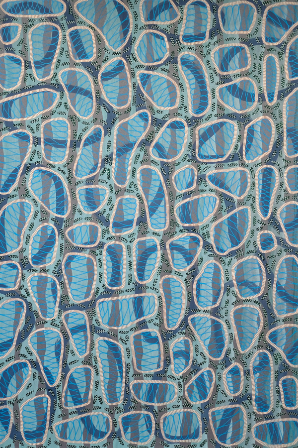 Abstract wallpaper with irregular, layered shapes in shades of blue and teal. Outlined in white and grey, featuring patterns of lines and dots. Background mixes light blue and muted teal.