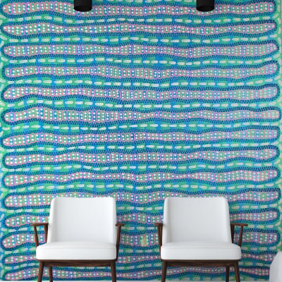 The wallpaper features a vibrant, abstract pattern in shades of blue, green, and white. It has an undulating, dynamic design with fluid shapes and lines creating a lively background. The elements include sweeping curves, swirling forms, and intertwining colors that produce a visually engaging effect.