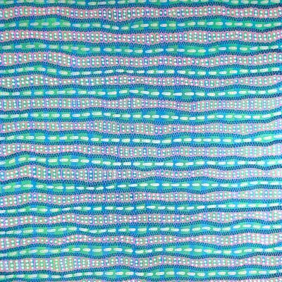 A vibrant wallpaper featuring wavy, horizontal lines in shades of blue, green, and teal, accented with small rectangular patterns in pink and white. This design creates a visually textured and dynamic look.