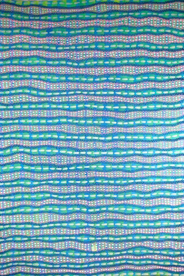 A vibrant wallpaper featuring wavy, horizontal lines in shades of blue, green, and teal, accented with small rectangular patterns in pink and white. This design creates a visually textured and dynamic look.