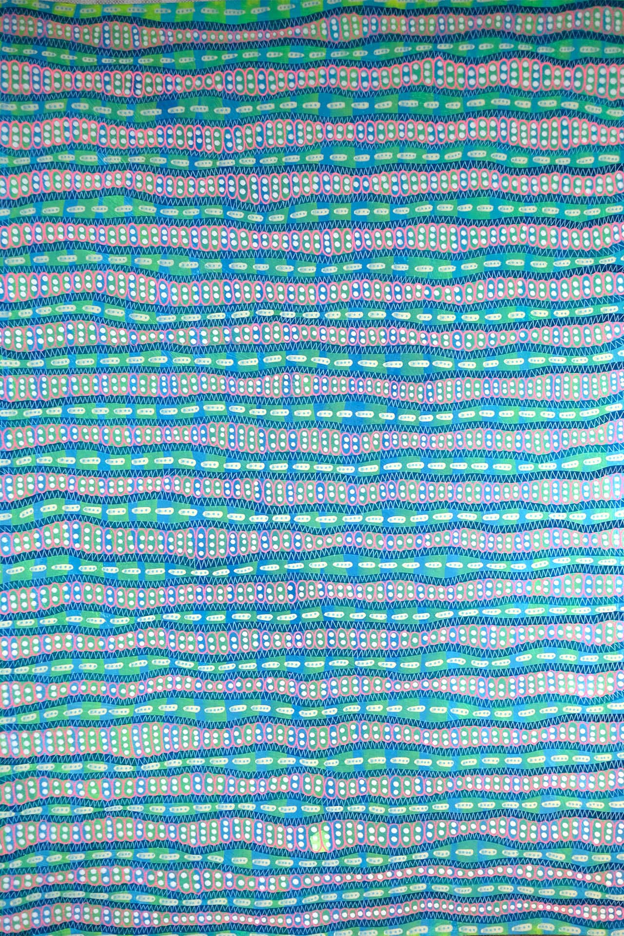 A vibrant wallpaper featuring wavy, horizontal lines in shades of blue, green, and teal, accented with small rectangular patterns in pink and white. This design creates a visually textured and dynamic look.